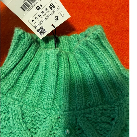 Zara green oversized cable-knit chunky sweater with pearls NWT - Picture 6 of 9